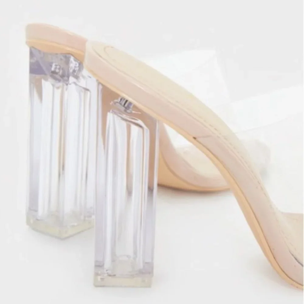 !! RESTOCKED !! Transparent Peep Toe Block Mule Heels in Nude - Picture 7 of 10